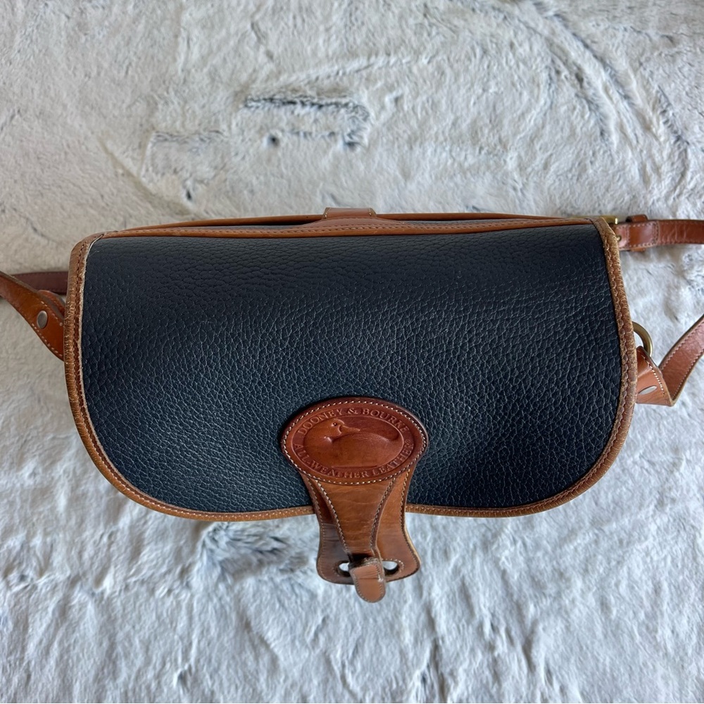 Dooney & Bourke Vintage Blue Pebbled Leather with Brown Trim Flap Shoulder Bag - Picture 7 of 16